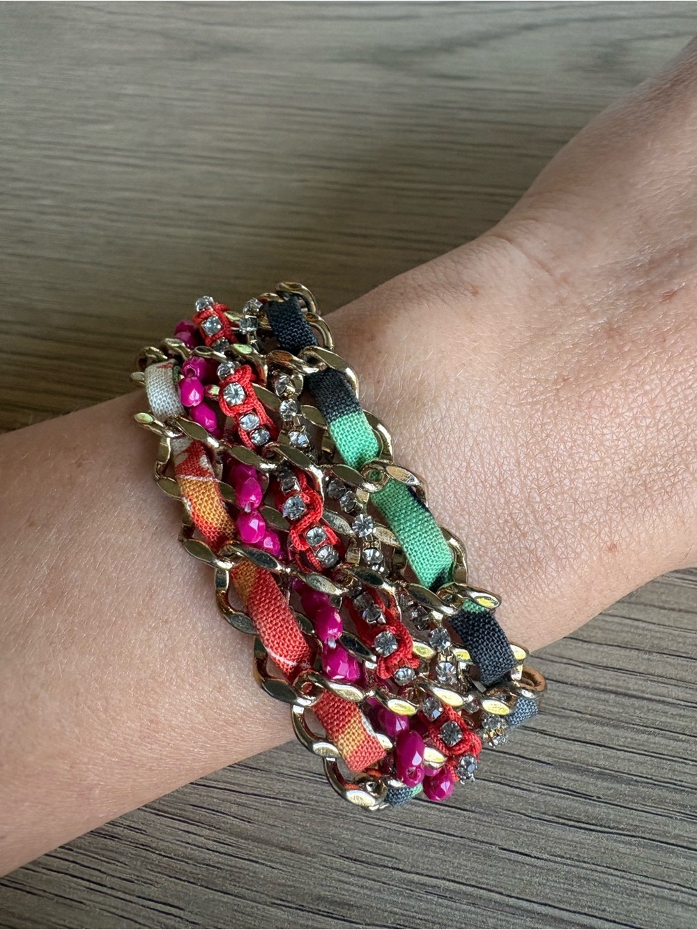 Vera Bradley Multicolor Fabric & Gold-Tone Chain Bracelet with Hot Pink Accents